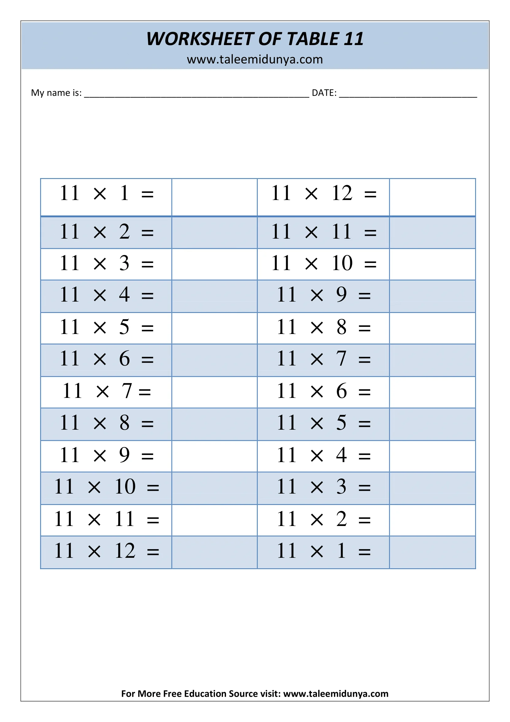 table of  11